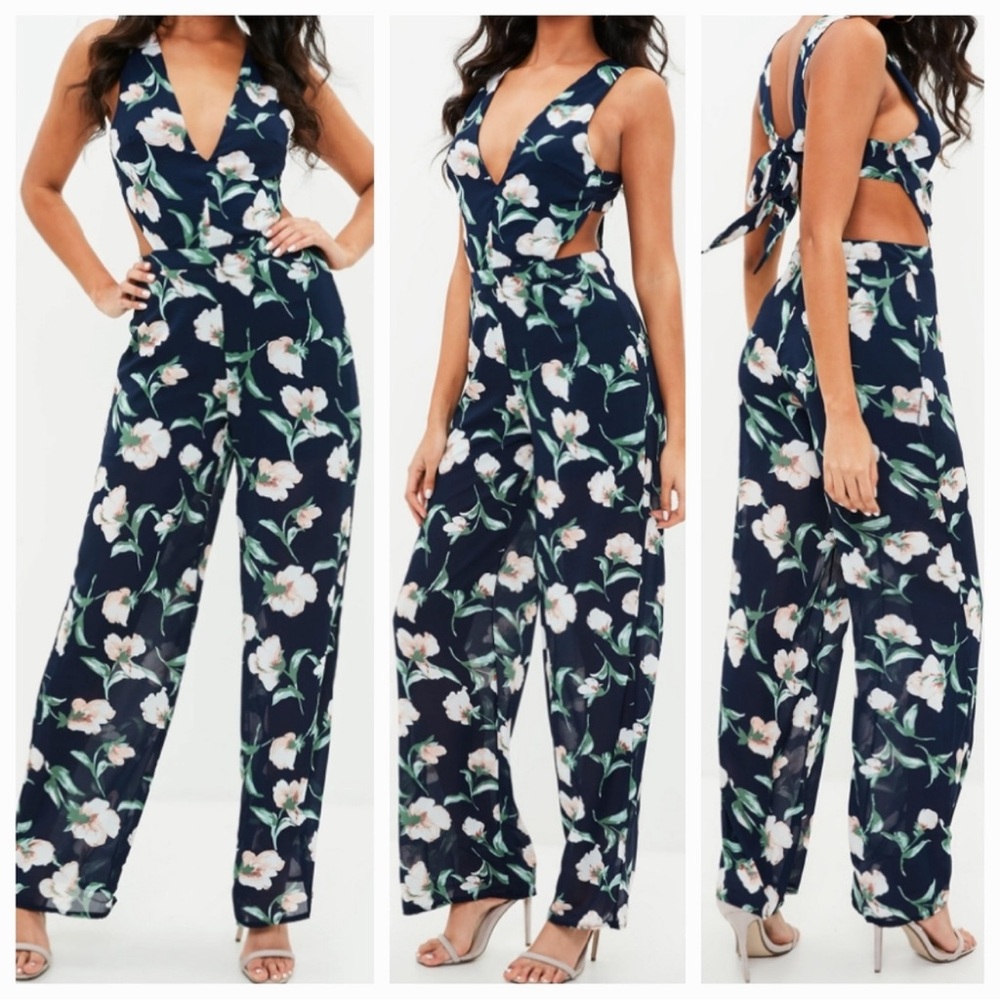 MISSGUIDED Chiffon Floral Jumpsuit Tie Backless